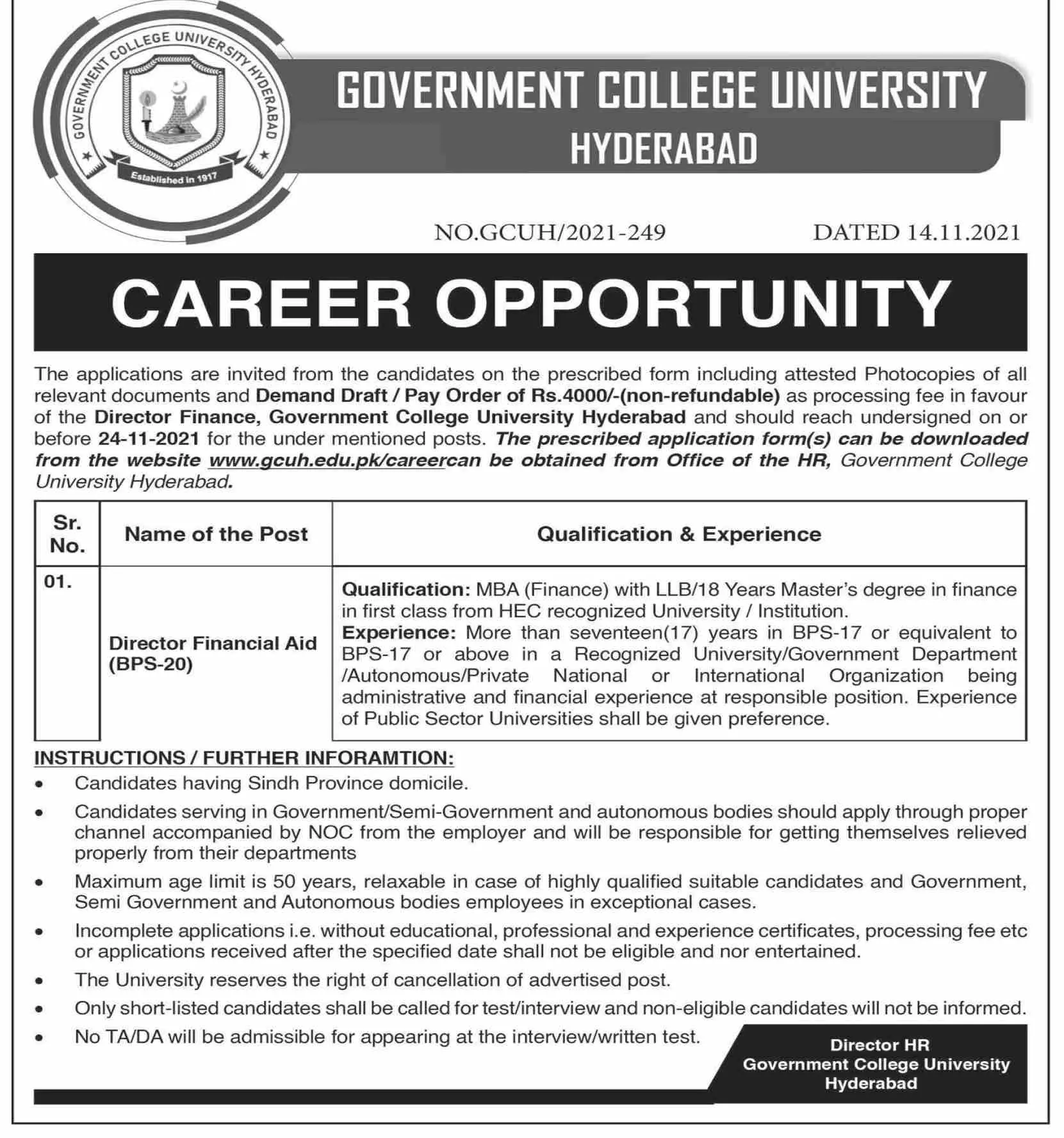 Jobs In Government College University Hyderabad sindh – Govt College University Hyderabad Jobs 2021 — original advertisement