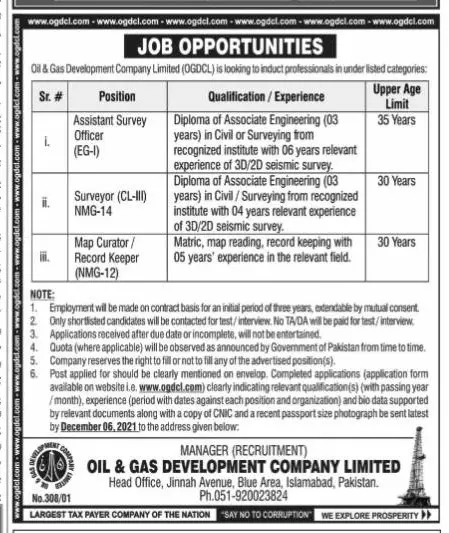 Oil & Gas Development company limited ODGCL Islamabad Jobs – Oil & Gas Development Company LTD Jobs 2021 — original advertisement