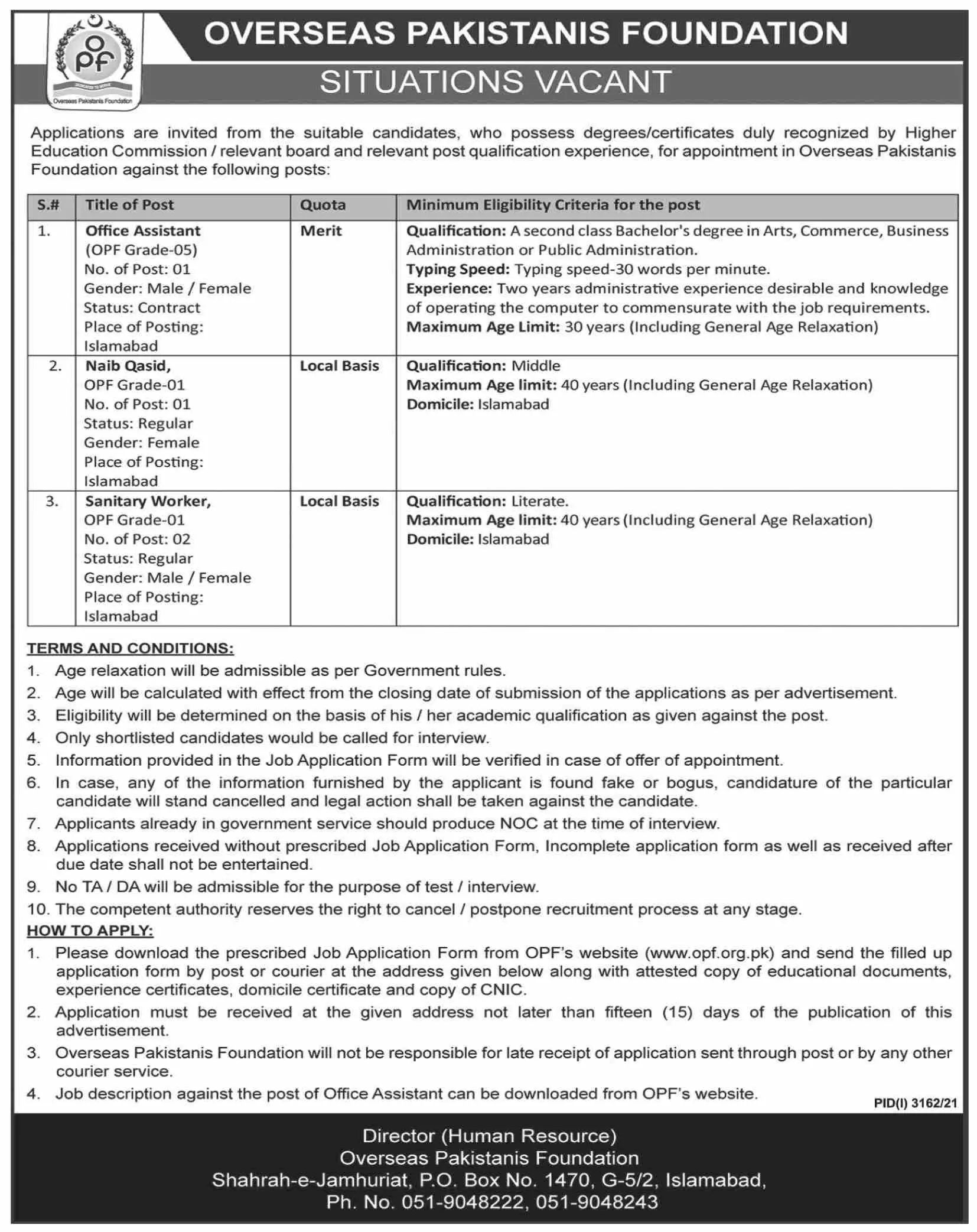 Jobs in Pakistan Overseas Pakistanis Foundation Islamabad Jobs 2021 — original advertisement