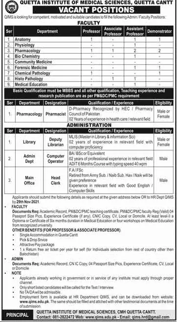 Quetta Institute of Medical Sciences QIMS Jobs – Quetta Institute of Medical Sciences QIMS Balochistan Jobs 2021 — original advertisement