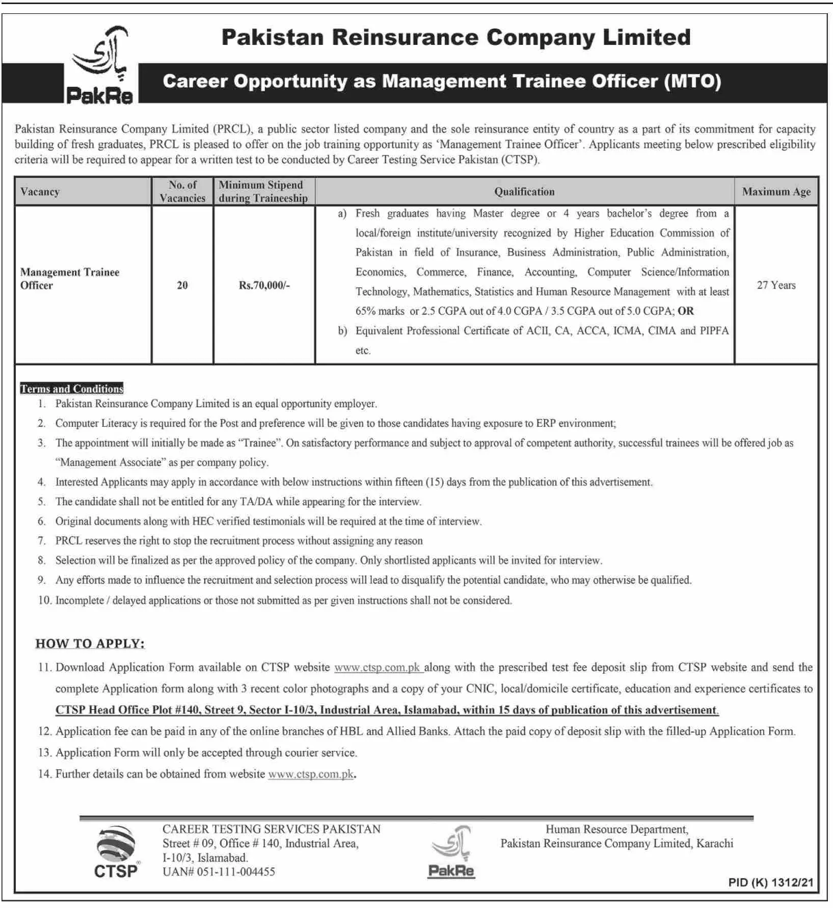 Jobs in Pakista Reinsurance Company Limited, Karachi – Private Sector Organization Jobs 2021 — original advertisement