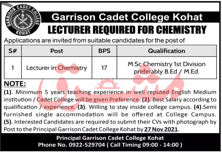 Jobs in Pakistan Garrison Cadet Collage Kohat – Cadet College Pano Aqil Jobs 2021 — original advertisement
