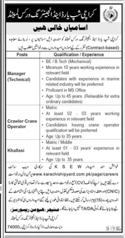 Karachi Shipyard and Engineering Works Limited Latest Jobs – Karachi Shipyard & Engineering Works Limited Jobs 2021 — original advertisement