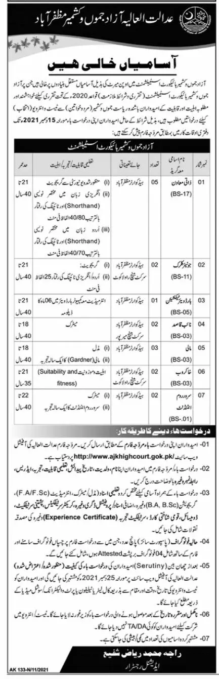 Jobs Supreme court of Azad Jammu Kashmir – Supreme Court of Pakistan Jobs 2021 — original advertisement