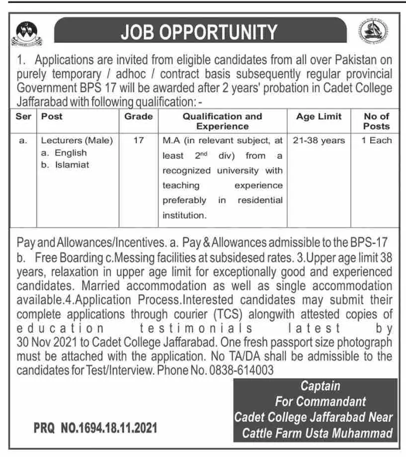 Jobs in Pakistan Cadet Collage Jaffarabad – Cadet College Jaffarabad Jobs 2021 — original advertisement
