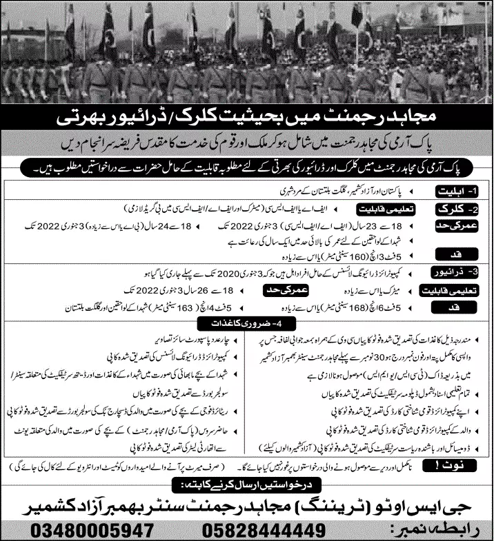 Jobs Pakistan Army Mujahid Regiment Azad Kashmir Jobs 2021 — original advertisement