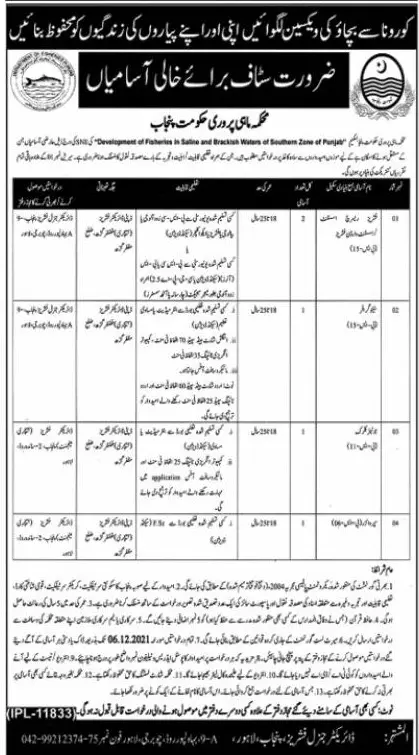 Fisheries Department Punjab Jobs – Forest Wildlife & Fishries Department Punjab Jobs 2021 — original advertisement