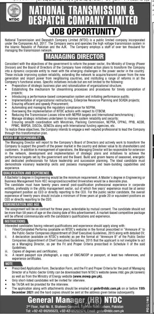 Jobs National Transmission Dispatch Company NTDC – Private Sector Organization Jobs 2021 — original advertisement