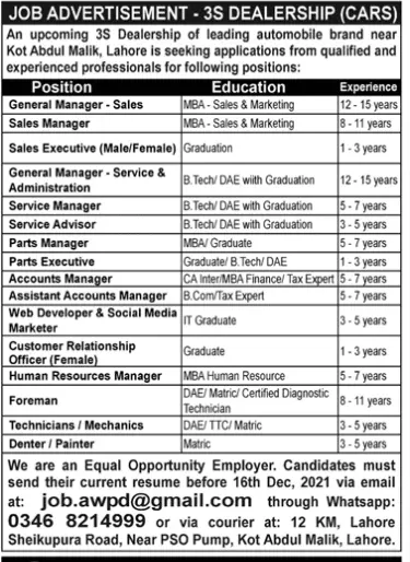 Jobs in Pakistan 3S Dealership  (Cars) Punjab Lahore – Private Sector Organization Jobs 2021 — original advertisement