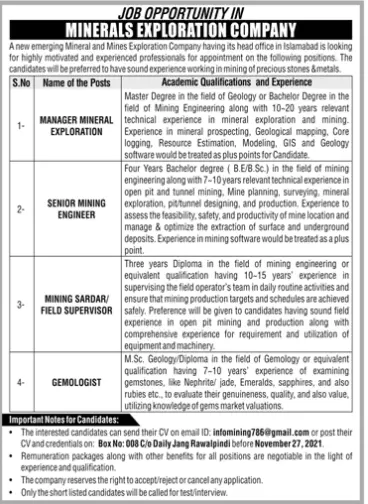 Jobs in Pakistan Minerals Exploration Company – Private Sector Organization Jobs 2021 — original advertisement