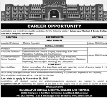 Jobs Bahawal Pur Medical & Dental Collage  Bahawlpur – Private Sector Organization Jobs 2021 — original advertisement