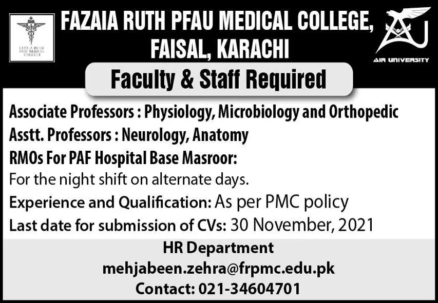 Jobs Fazaia Ruth PFAU Medical Collage Karachi – Private Sector Organization Jobs 2021 — original advertisement