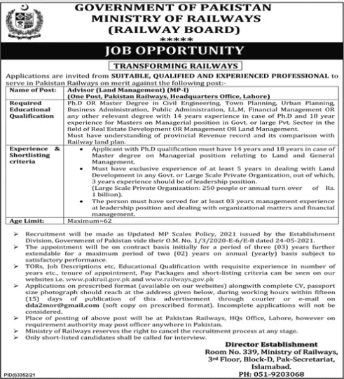 Jobs Ministry of Railway Railway Board Islamabad – Ministry of Railways Islamabad Jobs 2021 — original advertisement