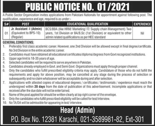 Jobs in Pakistan APublic Sector Organization Karachi – Private Sector Organization Jobs 2021 — original advertisement
