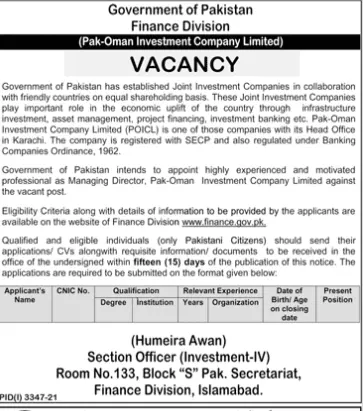 Jobs Pakistan Pak-Oman Investment Company Islamabad – Private Sector Organization Jobs 2021 — original advertisement