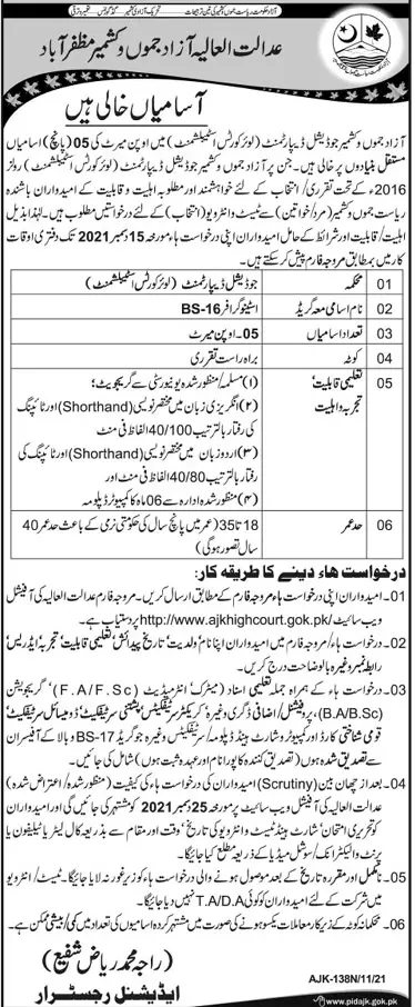Department of Judicial (Lower Courts Establishment) Jobs – Judiciary of Azad Jammu Kashmir Jobs 2021 — original advertisement