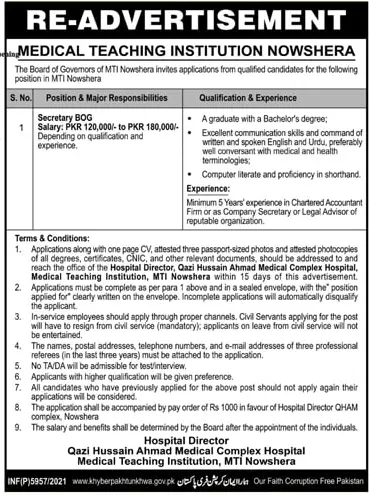 Medical Collage Institution Nowshera KPK jOBS – Medical Teaching Institute MTI Khyber Teaching Hospital Peshawar Kpk Jobs 2021 — original advertisement