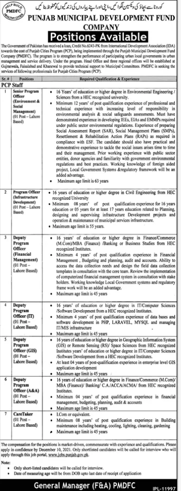 Jobs In Punjab Municipal Development Fund Company Jobs 2021 — original advertisement