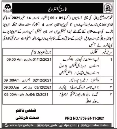 Interviews Health Department Harnai – Health Department Balochsitan Jobs 2021 — original advertisement