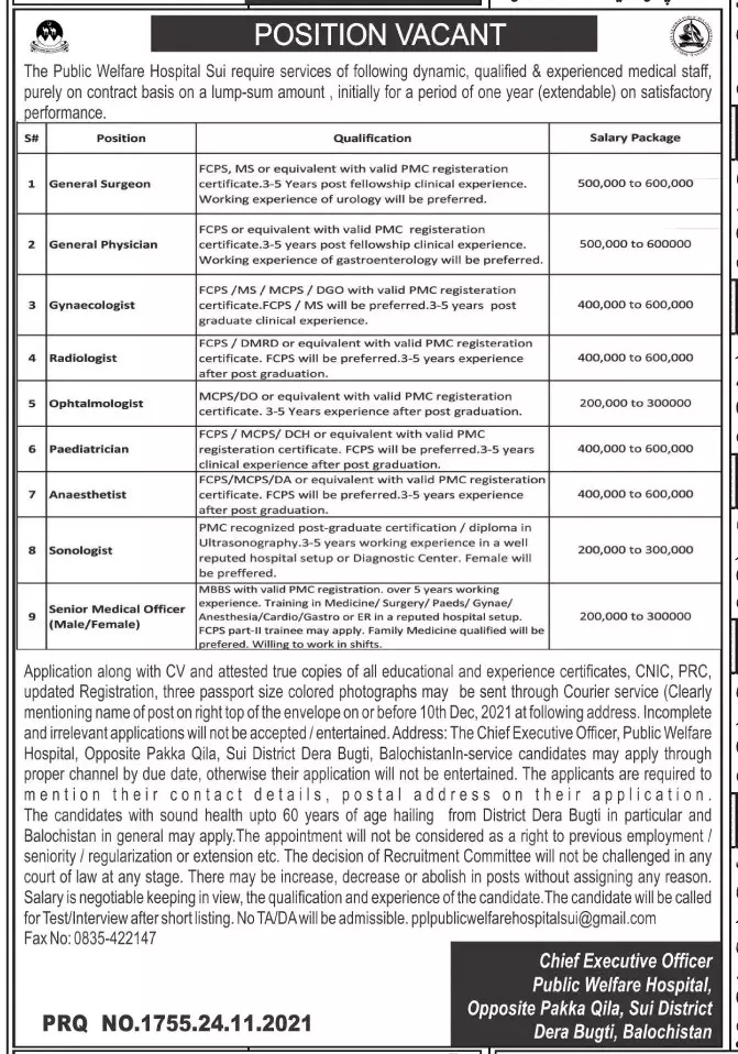 Jobs Public Welfare Hospital Sui – Public Welfare Hospital Sui Dera Bugti Jobs 2021 — original advertisement