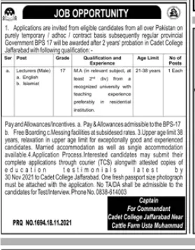 Cadet College Jafferabad Balochistan Jobs 2021 – Cadet College Jaffarabad Jobs 2021 — original advertisement