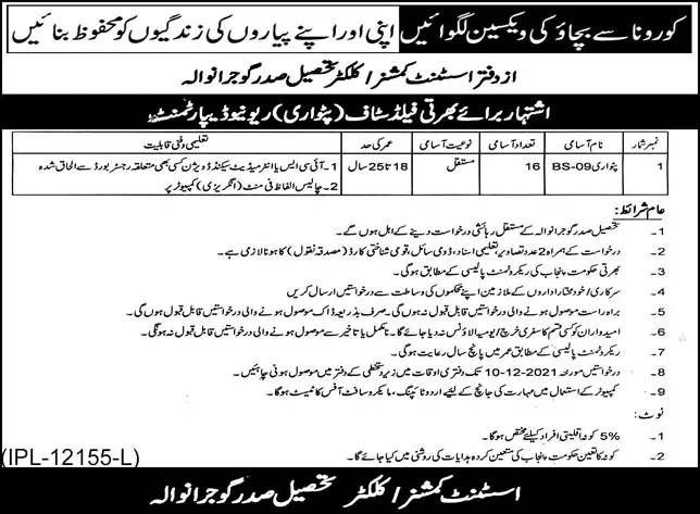 Revenue Department Gunjrawala Jobs 2021 – Revenue Department Punjab Jobs 2021 — original advertisement