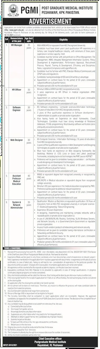 Post Graduate Medical Institute Peshawer, (PGMI) Kpk Jobs – Govt of Kpk Jobs 2021 — original advertisement