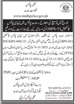 Jobs in Pakistan Department of Police Sindh Karachi – Pakistan Testing Service Jobs 2021 — original advertisement