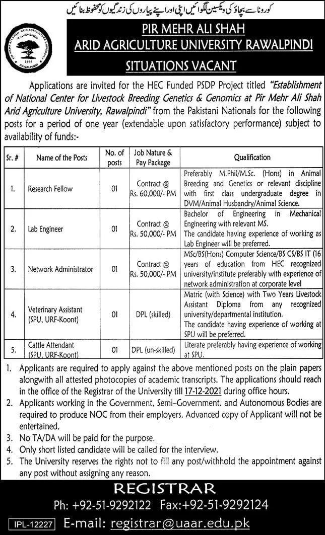 Pir Mehr Ali Shah Arid Agriculture University Rawalpindi Job – Pir Mehr Ali Shah Arid Agriculture University Rawalpinid Jobs 2021 — original advertisement