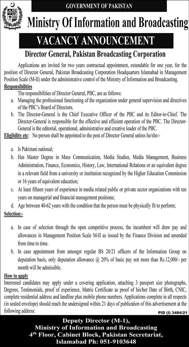 Jobs In Ministry Of Information & Broadcasting Islamabad – Ministry of Information & Broadcasting Pakistan Jobs 2021 — original advertisement