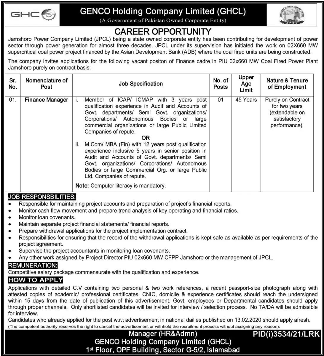 Jobs In Genco Holding Company Limited (GHCL) Islamabad Jobs 2021 — original advertisement