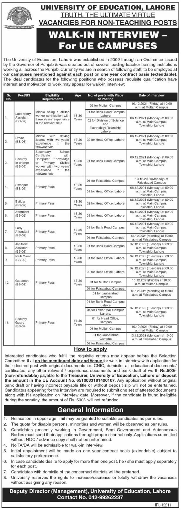 Jobs in Pakistan University of Education, Lahore – University of Lahore Jobs 2021 — original advertisement