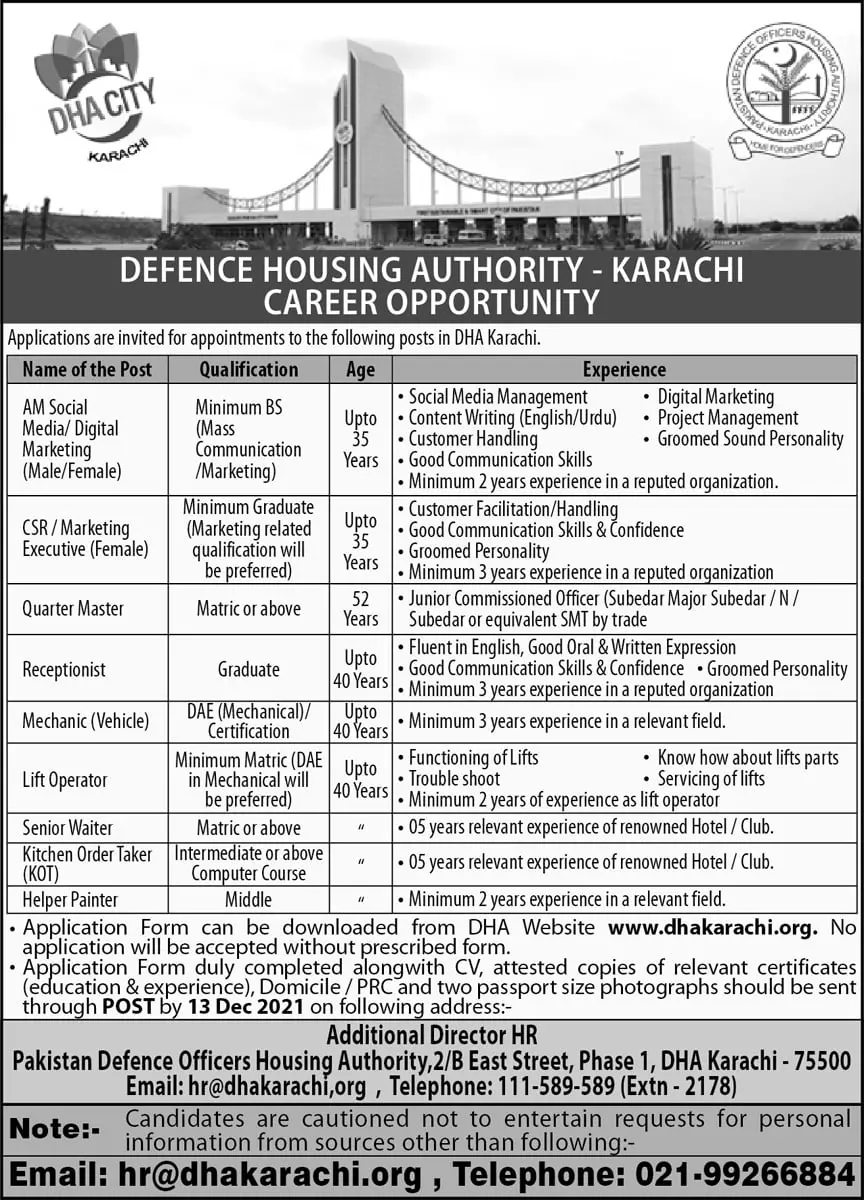 Jobs in Pakistan Defence Housing Authority (DHA) Karachi Jobs 2021 — original advertisement