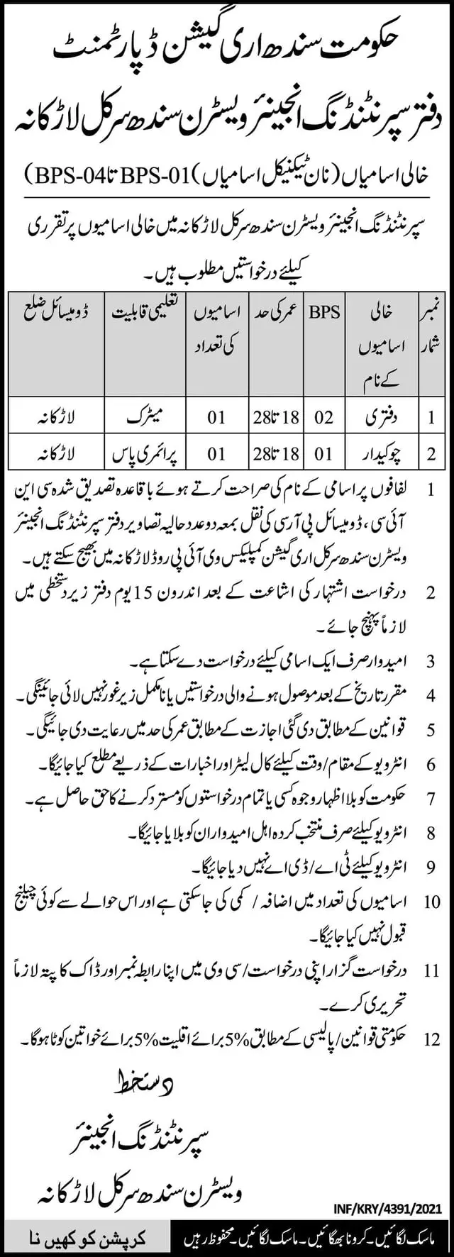 Jobs in Pakistan Sindh Irrigation Department Lrkana Sindh – Irrigation Department Sindh Jobs 2021 — original advertisement