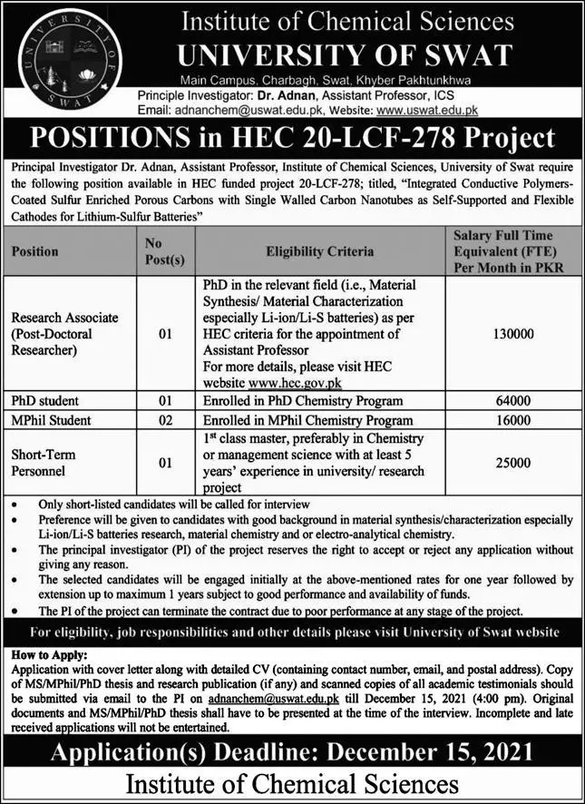 University of Swat Institute of Chemical Sciences Swat Jobs Jobs 2021 — original advertisement