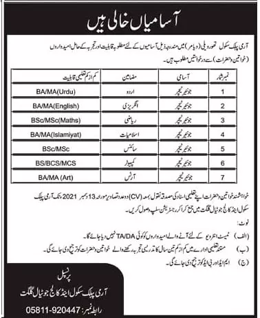 Jobs in Pakistan Army Public School  Gilgit baltistan – Private Sector Organization Jobs 2021 — original advertisement