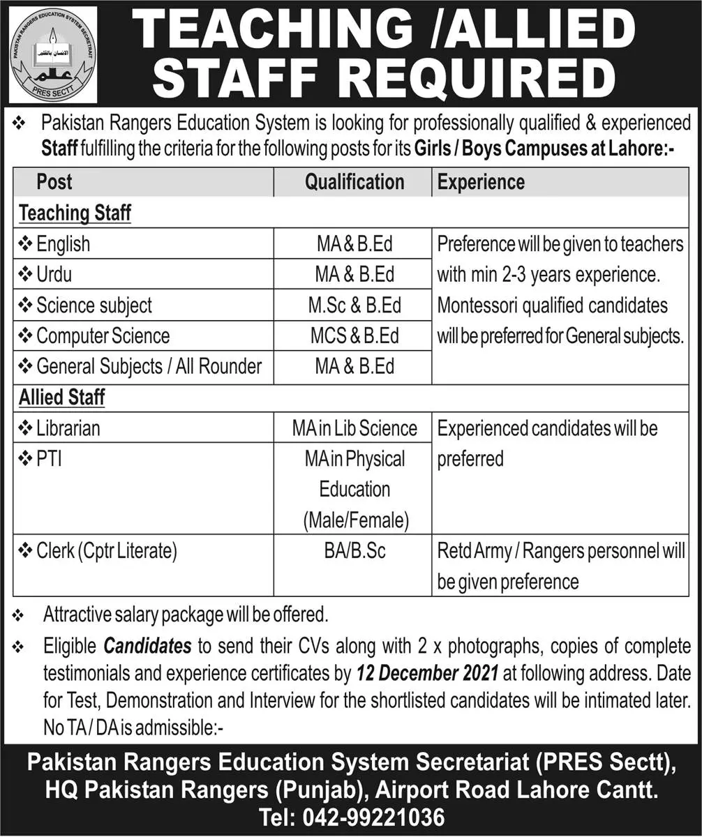 Rangers Education System Secretariat (PRES Sectt) Jobs – Govt of Punjab Jobs 2021 — original advertisement
