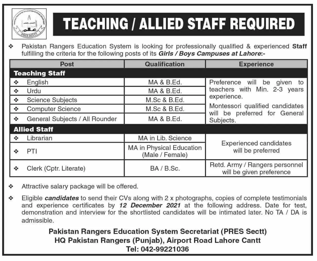 Pakistan Rangers Educatio System (Girls / Boys ) Punjab Job – Private Sector Organization Jobs 2021 — original advertisement