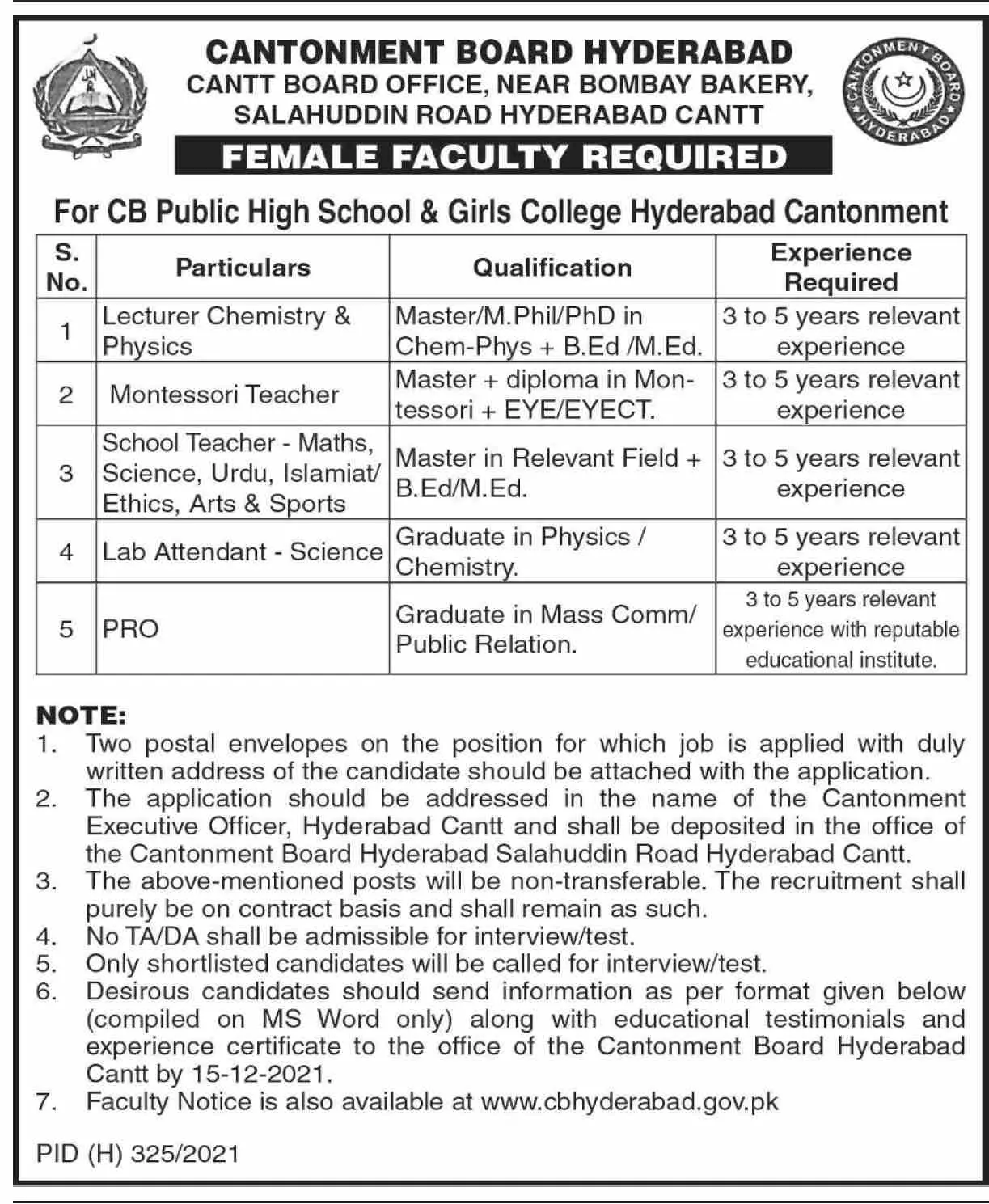 Department of Cantonment Board Hydrabad Sindh Jobs Jobs 2021 — original advertisement