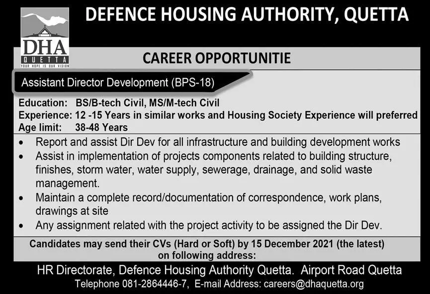 Defence Housing Authority, (DHA) Quetta Balochistan Jobs 2021 — original advertisement