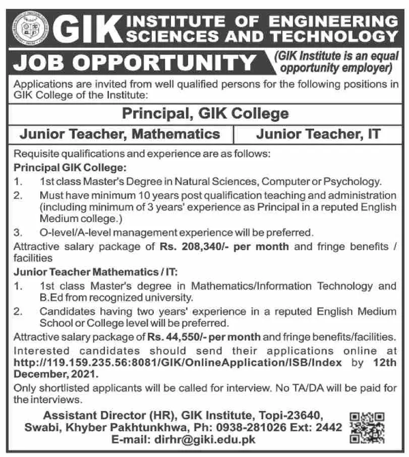 Institute of Engineering Sciences And Technology Sawabi Job – Ghulam Ishaq Khan GIK Institute of Engineering Sciences and Technology Swabi Jobs 2021 — original advertisement
