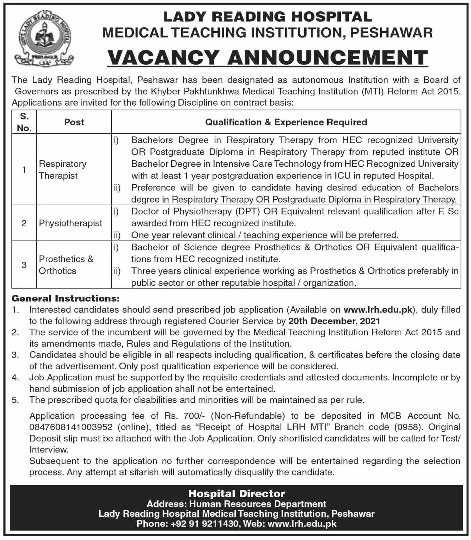 Lady Reading Hospital Medical Teaching Institution, Peshawar – Lady Reading Hospital Peshawar Jobs 2021 — original advertisement