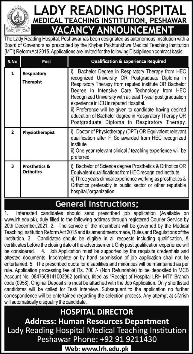 Lady Reading Hospital Peshawar Jobs Jobs 2021 — original advertisement