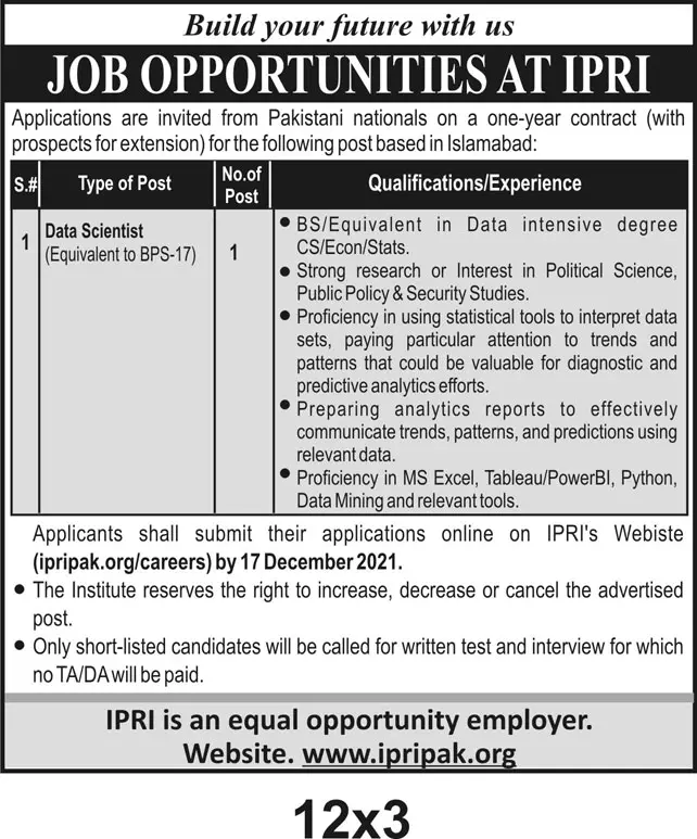 Jobs In Research Institute Islamabad – Private Sector Organization Jobs 2021 — original advertisement