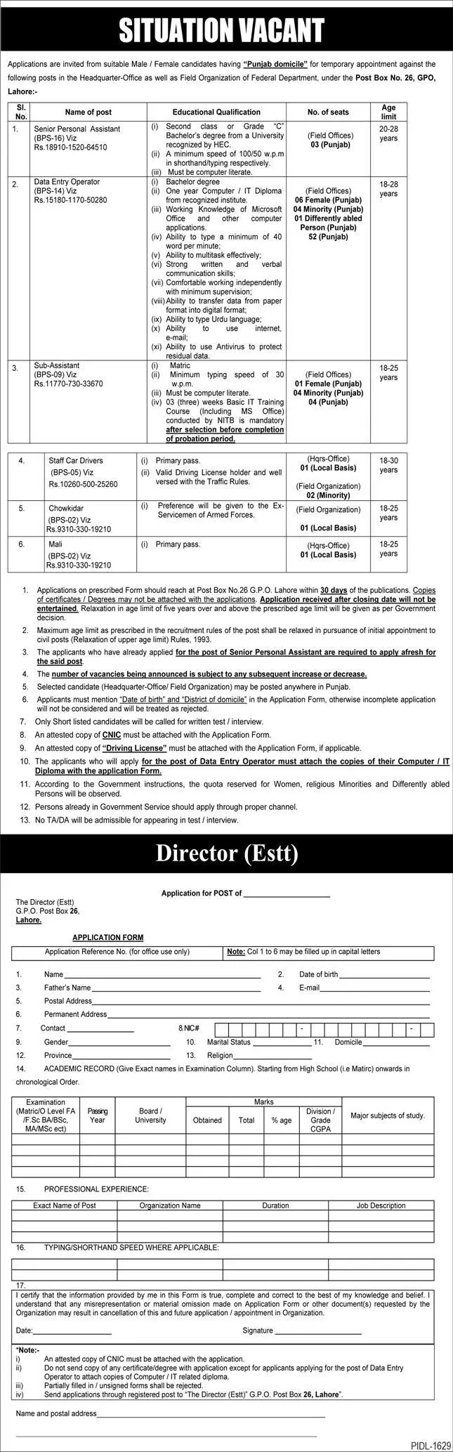 Fedral Department Punjab Lahore Jobs – Federal Government Organization Jobs 2021 — original advertisement