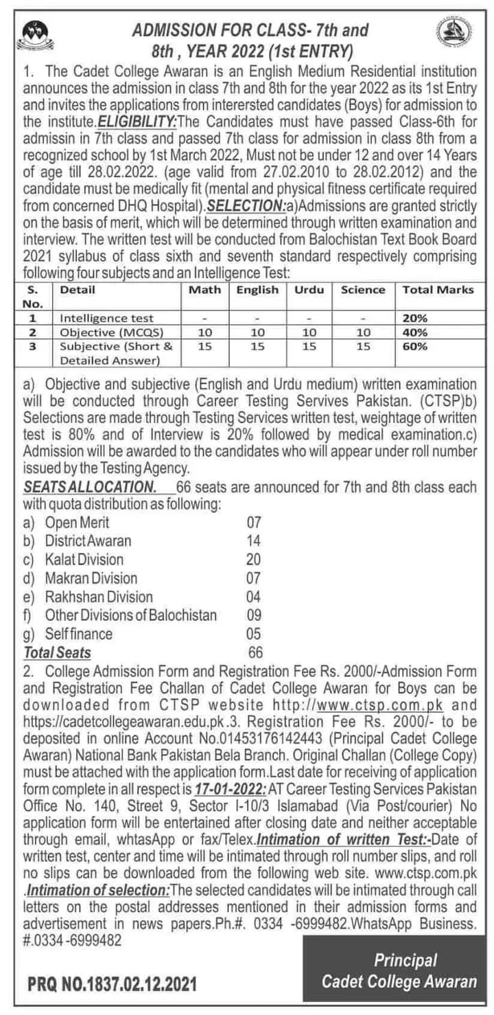 Admission in Cadet Collage Awaran Balochistan 2022 – Private Sector Organization Admissions 2021 — original advertisement
