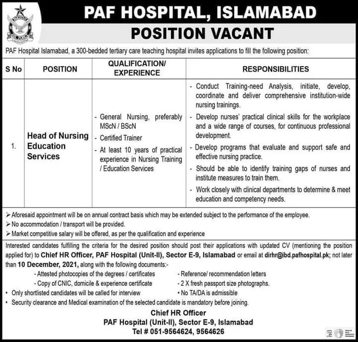 Jobs in Pakistan PAF Hospital Islamabad Jobs 2021 — original advertisement