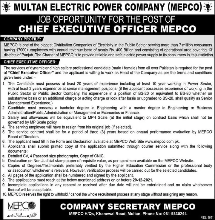 Multan Electric Power Company (MEPCO) Multan Jobs – Govt of Punjab Jobs 2021 — original advertisement
