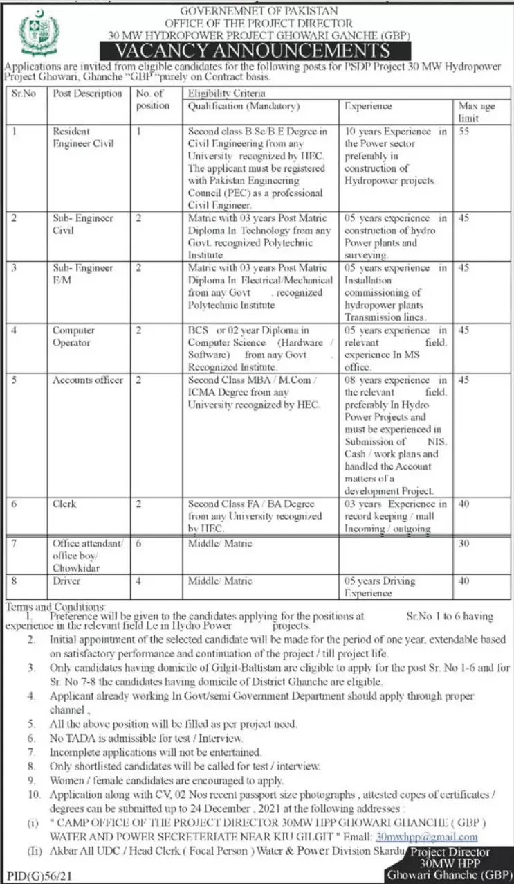 Jobs in Hydropower Project  Skardu – Mark Stoon Global Enterprises Pvt Ltd Jobs 2021 — original advertisement