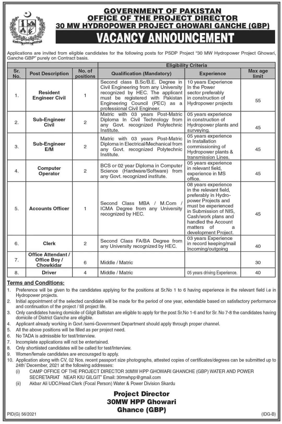 Hydropower Project Ghowari Ganche (GBP) Skardu Jobs – Government of Gilgit-Baltistan Jobs 2021 — original advertisement